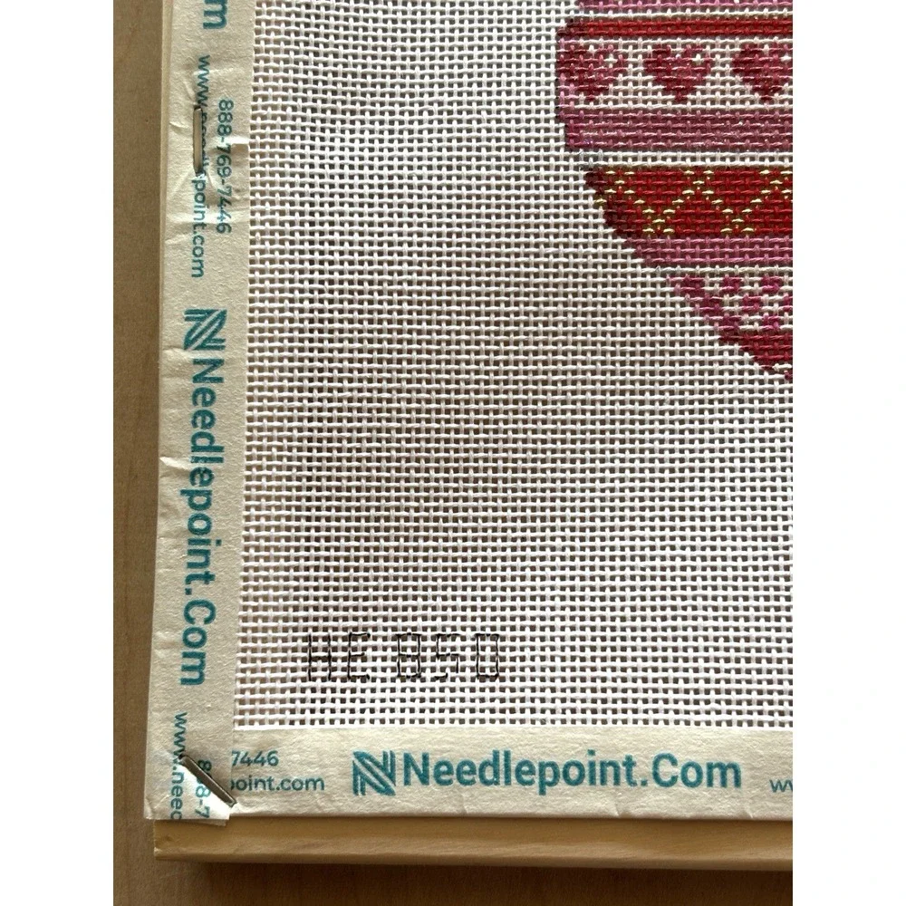 Needlepoint Canvas Handpainted Heart Pink Red Signed AT 18 Pt HE850 Wood Frame